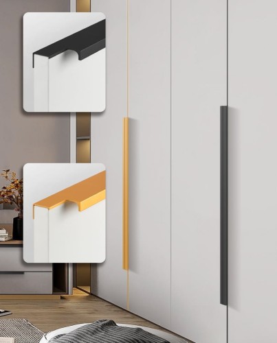 Möbelgriff Bonito – aufliegender Aluminiumgriff mit Frontmontage in Schwarz oder Champagnergold. Größen 160, 192, 256, 480 und 960 mm. Ideal für Küche, Schränke, Schubladen und Garderobe – egriffe.at