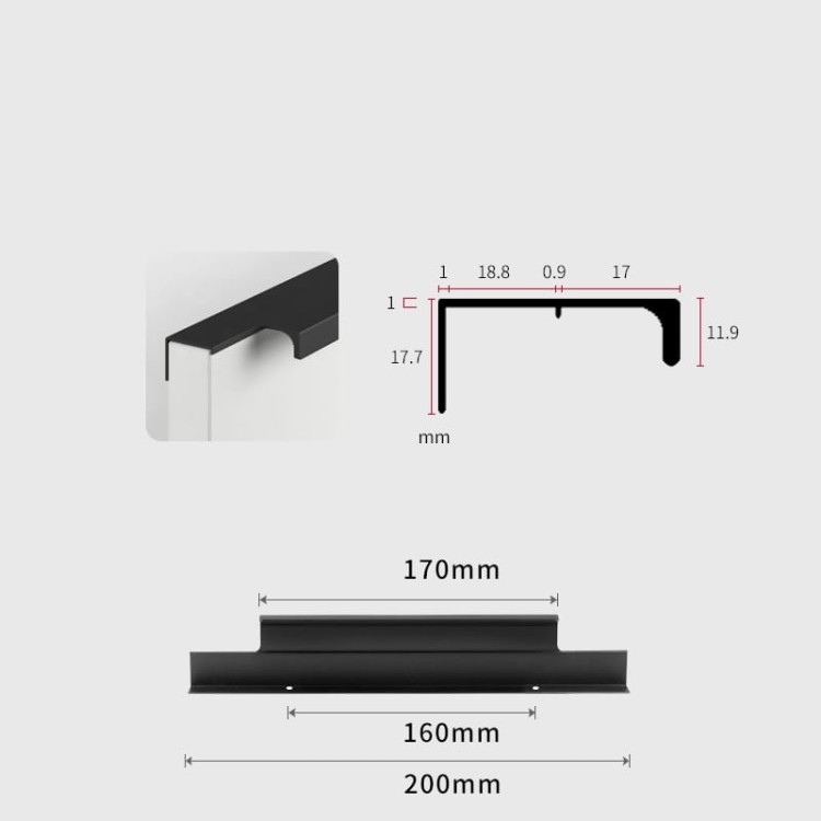 Möbelgriff Bonito – aufliegender Aluminiumgriff mit Frontmontage in Schwarz oder Champagnergold. Größen 160, 192, 256, 480 und 960 mm. Ideal für Küche, Schränke, Schubladen und Garderobe – egriffe.de