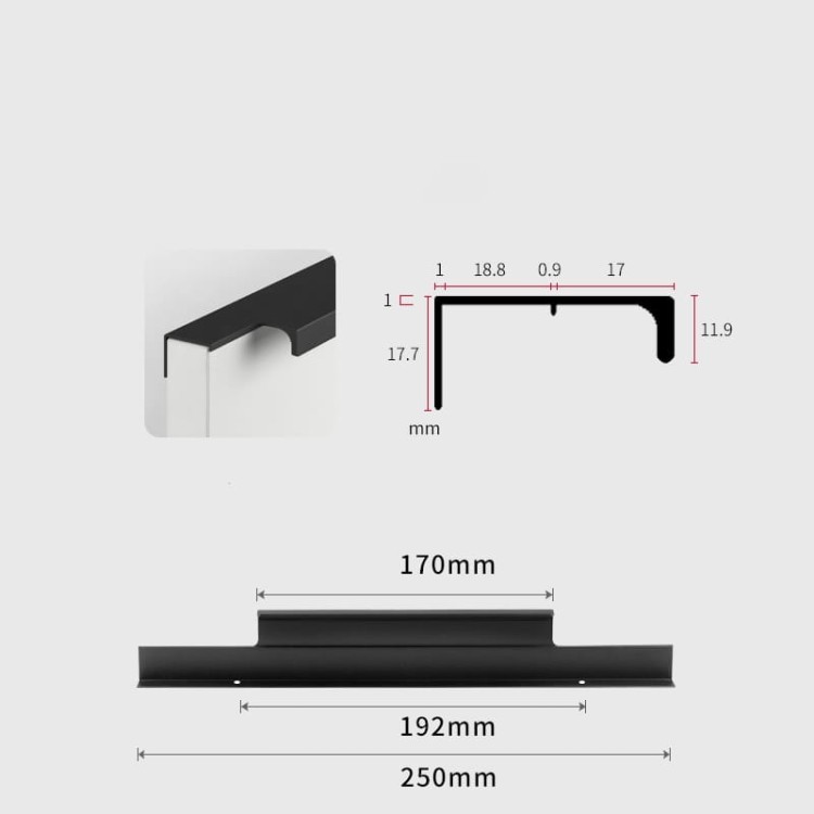 Möbelgriff Bonito – aufliegender Aluminiumgriff mit Frontmontage in Schwarz oder Champagnergold. Größen 160, 192, 256, 480 und 960 mm. Ideal für Küche, Schränke, Schubladen und Garderobe – egriffe.de