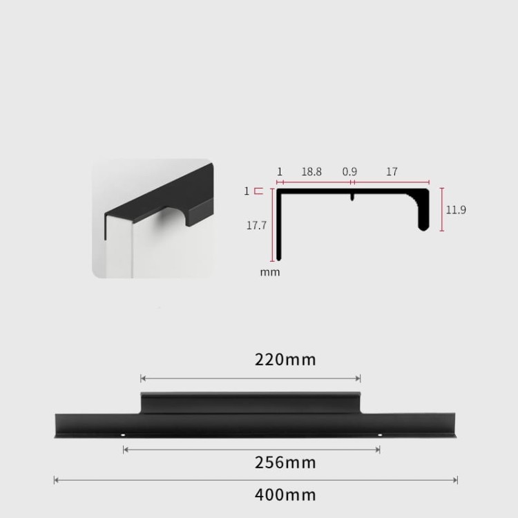 Möbelgriff Bonito – aufliegender Aluminiumgriff mit Frontmontage in Schwarz oder Champagnergold. Größen 160, 192, 256, 480 und 960 mm. Ideal für Küche, Schränke, Schubladen und Garderobe – egriffe.de