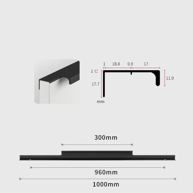 Möbelgriff Bonito – aufliegender Aluminiumgriff mit Frontmontage in Schwarz oder Champagnergold. Größen 160, 192, 256, 480 und 960 mm. Ideal für Küche, Schränke, Schubladen und Garderobe – egriffe.de