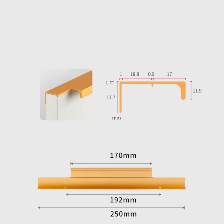 Möbelgriff Bonito – aufliegender Aluminiumgriff mit Frontmontage in Schwarz oder Champagnergold. Größen 160, 192, 256, 480 und 960 mm. Ideal für Küche, Schränke, Schubladen und Garderobe – egriffe.de