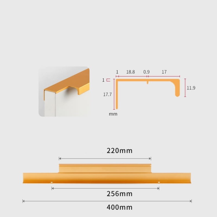 Möbelgriff Bonito – aufliegender Aluminiumgriff mit Frontmontage in Schwarz oder Champagnergold. Größen 160, 192, 256, 480 und 960 mm. Ideal für Küche, Schränke, Schubladen und Garderobe – egriffe.de