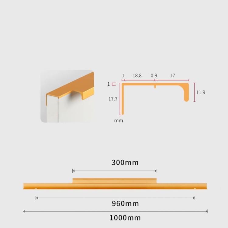Möbelgriff Bonito – aufliegender Aluminiumgriff mit Frontmontage in Schwarz oder Champagnergold. Größen 160, 192, 256, 480 und 960 mm. Ideal für Küche, Schränke, Schubladen und Garderobe – egriffe.de