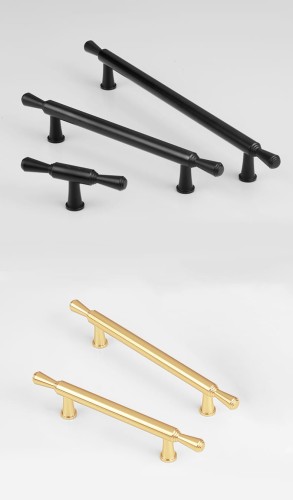 Möbelgriff Grava – T-Bar-Griff in Mattschwarz oder glänzendem Gold, erhältlich als Knopf sowie in 96, 128 und 192 mm. Ideal für Küchenschränke, Kommoden und Garderoben – egriffe.de