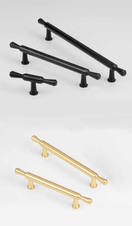 Möbelgriff Grava – T-Bar-Griff in Mattschwarz oder glänzendem Gold, erhältlich als Knopf sowie in 96, 128 und 192 mm. Ideal für Küchenschränke, Kommoden und Garderoben – egriffe.de