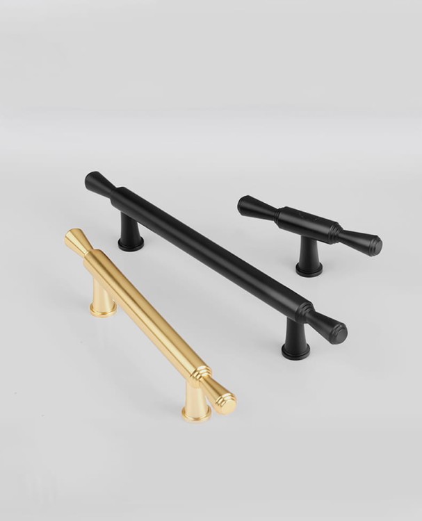 Möbelgriff Grava – T-Bar-Griff in Mattschwarz oder glänzendem Gold, erhältlich als Knopf sowie in 96, 128 und 192 mm. Ideal für Küchenschränke, Kommoden und Garderoben – egriffe.de