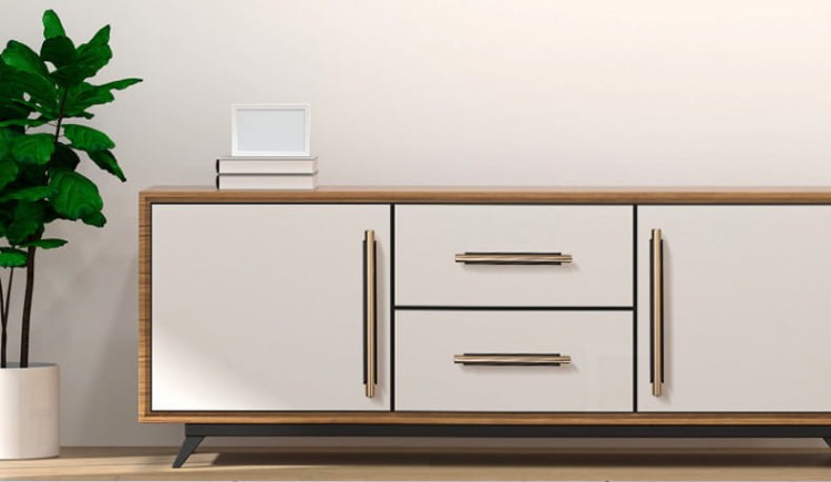 Möbelgriff Carao – schwarzer Griff mit dekorativem Goldelement im modernen, industriellen und eleganten Stil. Erhältlich in 64, 96, 128, 160, 320 und 448 mm. Ideal für Küchenfronten und Wohnzimmermöbel – egriffe.de