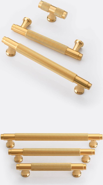 Möbelgriff Montana Schwarz/Gold – gerändelter T-Bar-Griff im Industrial-Stil, erhältlich in 128 mm und 160 mm – egriffe.de
