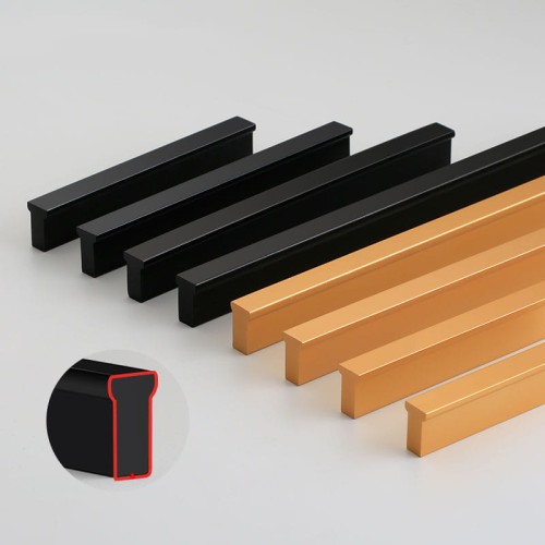 Möbelgriff Jimba – rechteckiger linearer Aluminiumgriff in Schwarz, gebürstetem Gold und Champagnergold. Lochabstände: Einzelbohrung, 96, 128, 192, 320, 576 und 768 mm – egriffe.de