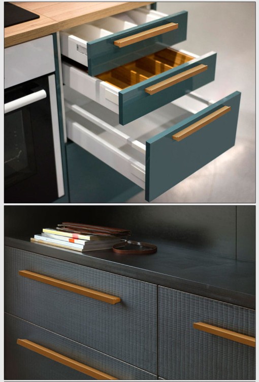 Möbelgriff Jimba – rechteckiger linearer Aluminiumgriff in Schwarz, gebürstetem Gold und Champagnergold. Lochabstände: Einzelbohrung, 96, 128, 192, 320, 576 und 768 mm – egriffe.at