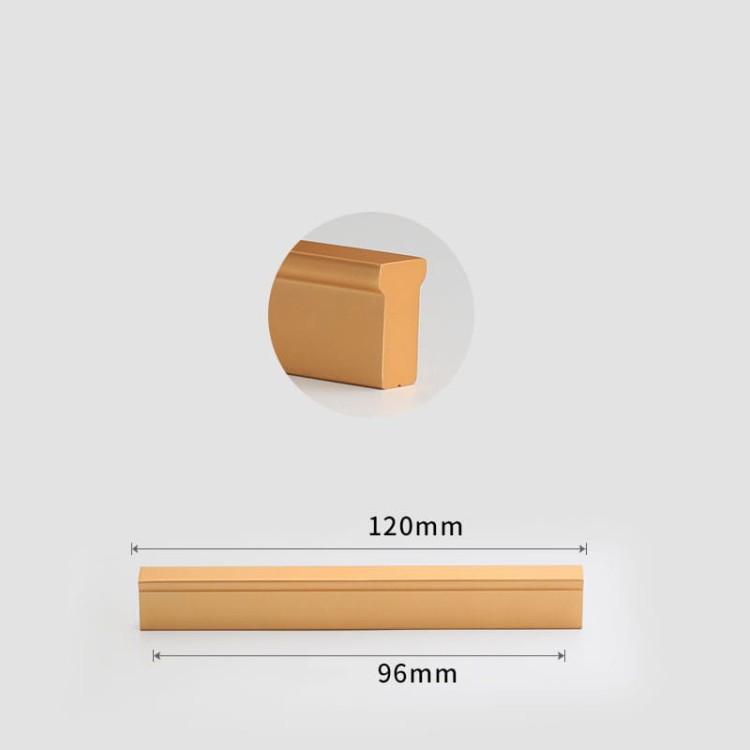 Möbelgriff Jimba – rechteckiger linearer Aluminiumgriff in Schwarz, gebürstetem Gold und Champagnergold. Lochabstände: Einzelbohrung, 96, 128, 192, 320, 576 und 768 mm – egriffe.at