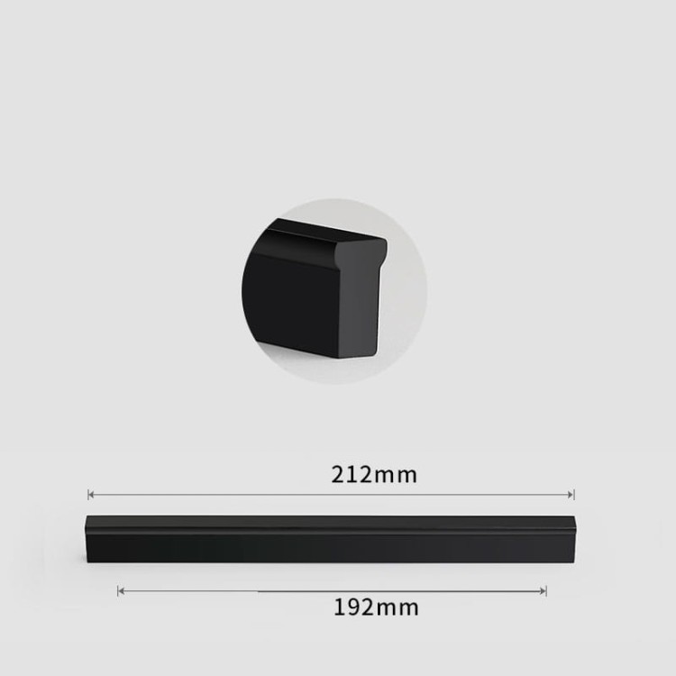 Minimalistischer schwarzer Jimba-Möbelgriff für Schränke mit 192 mm Lochabstand und Befestigungssockel