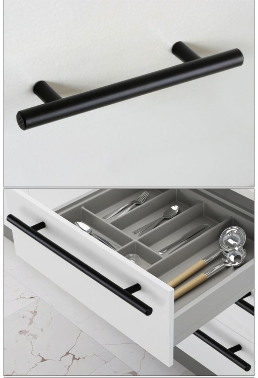 Möbelgriff Uno – T-Bar-Griff mit rundem Profil in Schwarz und gebürstetem Gold. Erhältlich als T-Bar-Knopf sowie in 96, 128, 160, 256, 512 und 850 mm – egriffe.de