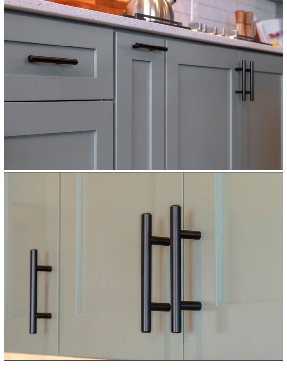 Möbelgriff Uno – T-Bar-Griff mit rundem Profil in Schwarz und gebürstetem Gold. Erhältlich als T-Bar-Knopf sowie in 96, 128, 160, 256, 512 und 850 mm – egriffe.de