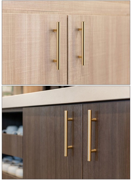 Möbelgriff Uno – T-Bar-Griff mit rundem Profil in Schwarz und gebürstetem Gold. Erhältlich als T-Bar-Knopf sowie in 96, 128, 160, 256, 512 und 850 mm – egriffe.de
