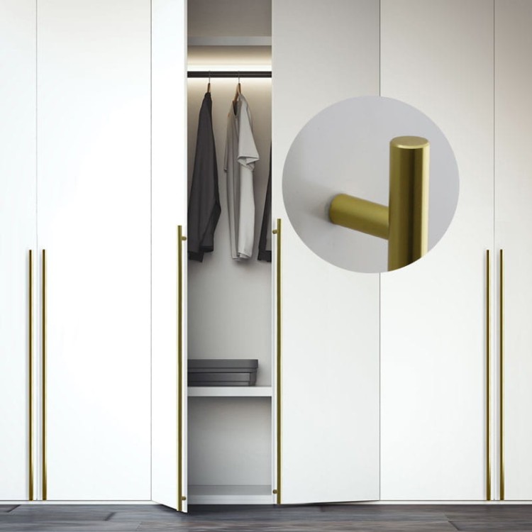 Möbelgriff Uno – T-Bar-Griff mit rundem Profil in Schwarz und gebürstetem Gold. Erhältlich als T-Bar-Knopf sowie in 96, 128, 160, 256, 512 und 850 mm – egriffe.de