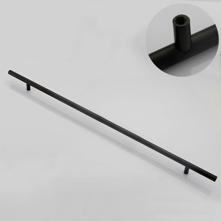 Möbelgriff Uno – T-Bar-Griff mit rundem Profil in Schwarz und gebürstetem Gold. Erhältlich als T-Bar-Knopf sowie in 96, 128, 160, 256, 512 und 850 mm – egriffe.at