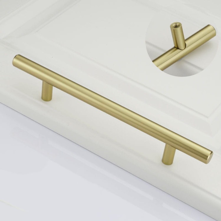 Möbelgriff Uno – T-Bar-Griff mit rundem Profil in Schwarz und gebürstetem Gold. Erhältlich als T-Bar-Knopf sowie in 96, 128, 160, 256, 512 und 850 mm – egriffe.at