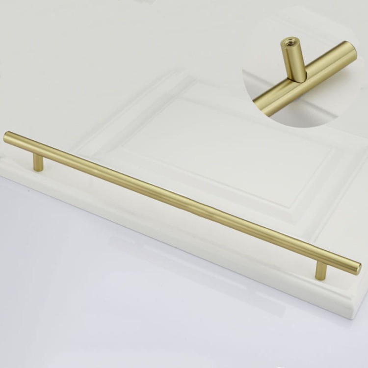 Möbelgriff Uno – T-Bar-Griff mit rundem Profil in Schwarz und gebürstetem Gold. Erhältlich als T-Bar-Knopf sowie in 96, 128, 160, 256, 512 und 850 mm – egriffe.de