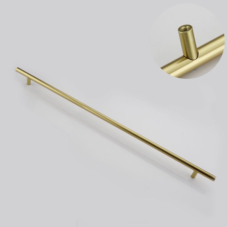 Möbelgriff Uno – T-Bar-Griff mit rundem Profil in Schwarz und gebürstetem Gold. Erhältlich als T-Bar-Knopf sowie in 96, 128, 160, 256, 512 und 850 mm – egriffe.de