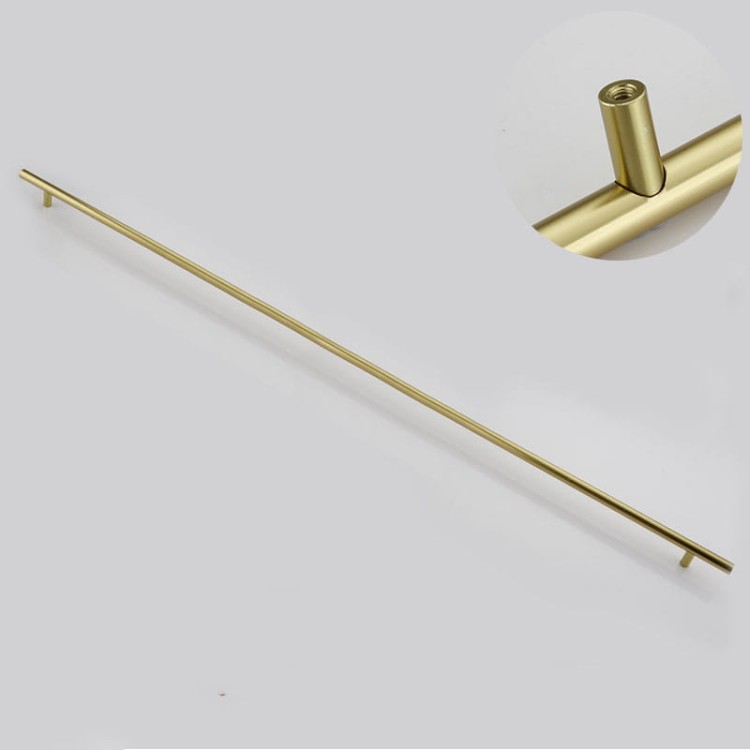 Möbelgriff Uno – T-Bar-Griff mit rundem Profil in Schwarz und gebürstetem Gold. Erhältlich als T-Bar-Knopf sowie in 96, 128, 160, 256, 512 und 850 mm – egriffe.at