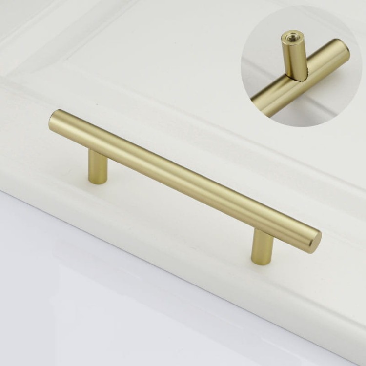 Möbelgriff Uno – T-Bar-Griff mit rundem Profil in Schwarz und gebürstetem Gold. Erhältlich als T-Bar-Knopf sowie in 96, 128, 160, 256, 512 und 850 mm – egriffe.de
