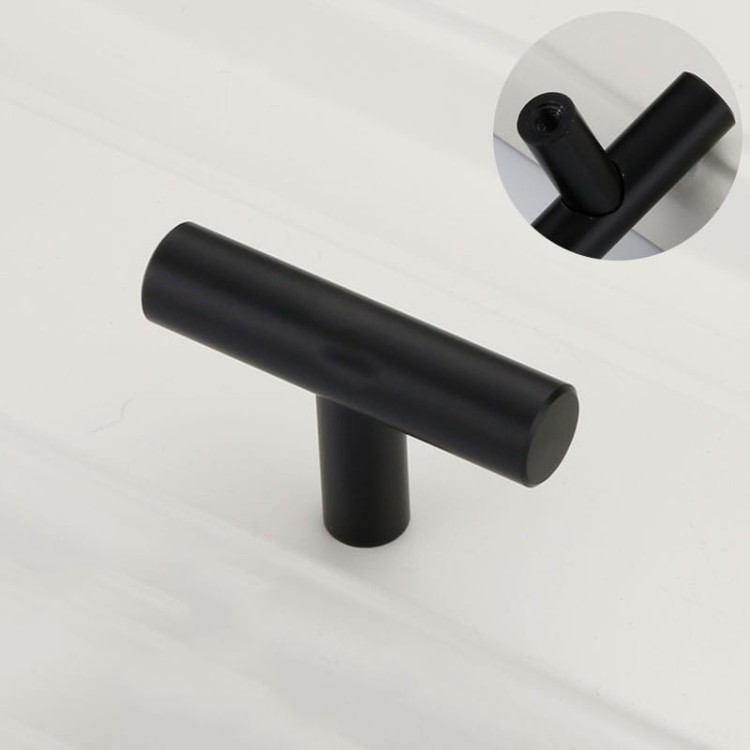 Möbelgriff Uno – T-Bar-Griff mit rundem Profil in Schwarz und gebürstetem Gold. Erhältlich als T-Bar-Knopf sowie in 96, 128, 160, 256, 512 und 850 mm – egriffe.de