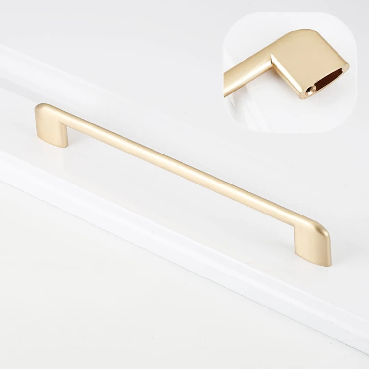 Gebürsteter goldener Sabalo-Möbelgriff mit seitlichem Befestigungssockel und 128 mm Lochabstand