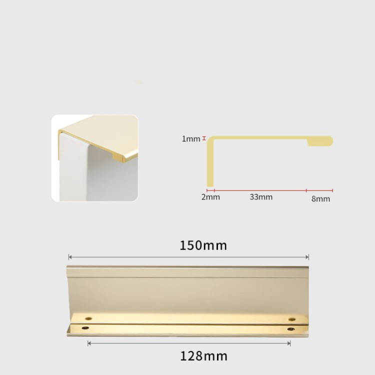 Möbelgriff Tres – aufliegender Aluminiumgriff, von vorn verschraubt, mit schlanker gerader Linie für moderne Fronten ohne Fräsung. Farben: Mattschwarz und gebürstetes Gold, Lochabstände 128, 160 und 192 mm – egriffe.de