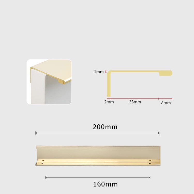 Möbelgriff Tres – aufliegender Aluminiumgriff, von vorn verschraubt, mit schlanker gerader Linie für moderne Fronten ohne Fräsung. Farben: Mattschwarz und gebürstetes Gold, Lochabstände 128, 160 und 192 mm – egriffe.de