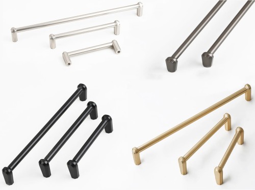 Möbelgriff Arriba – länglicher Aufsatzgriff für Schränke und Schubladen in Schwarz, gebürstetem Gold, gebürstetem Nickel und Perlgrau. Moderner Griff für Küchenmöbel, erhältlich im Shop egriffe.de.