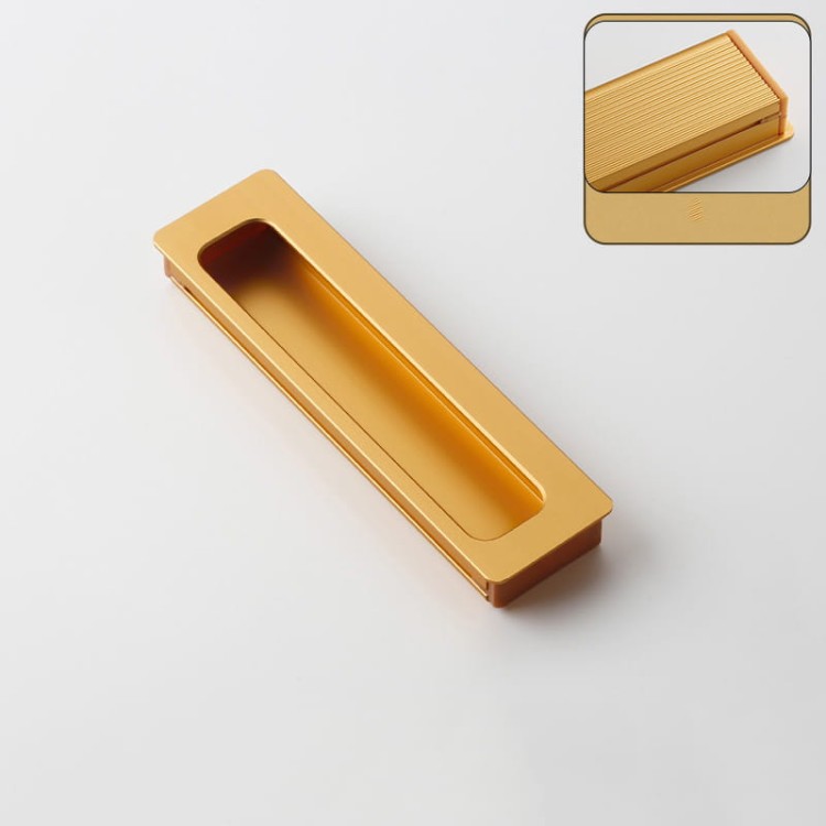 Möbelgriff Olivos – länglicher eingelassener Griff für Schränke und Schubladen in Gold, Größe 120 mm, erhältlich im Shop egriffe.de.