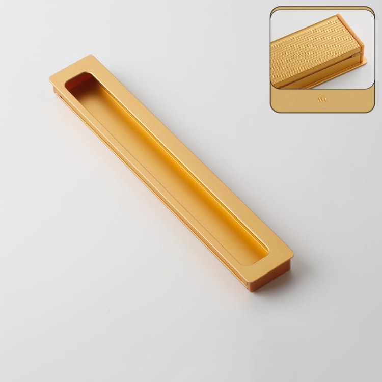 Möbelgriff Olivos – länglicher eingelassener Griff für Schränke und Schubladen in Gold, Größe 200 mm, erhältlich im Shop egriffe.de.