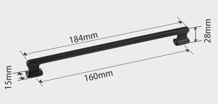 Technische Zeichnung mit den Maßen des länglichen Möbelgriffs aus der Maceo-Kollektion