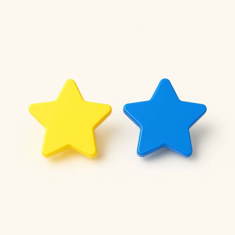 Kinder-Möbelgriff Star – gelber und blauer sternförmiger Möbelknopf für Schränke und Kommoden im Kinderzimmer, erhältlich im Shop egriffe.de.