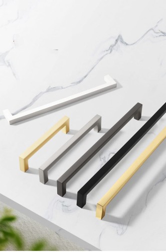 Möbelgriff Tinaja – moderner minimalistischer Griff als Knopf oder Leiste in 128 und 320 mm. Sieben trendige Farben von Weiß und Schwarz bis Gold und Grau. Ideal für Küche, Bad, Schränke und Kommoden.
