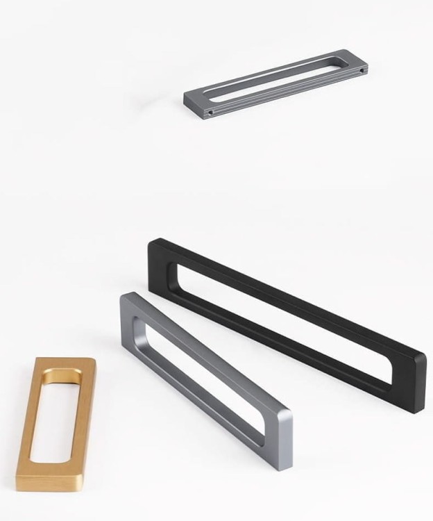Möbelgriff Barra – moderner durchbrochener Griff in gebürstetem Kaffeegold, Grau und Schwarz. Größen 96, 128 und 160 mm, für Küchen- und Badmöbel, Schränke und Kommoden – egriffe.de