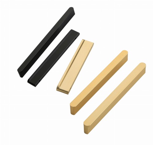 Möbelgriff Avalos – schlichter linearer Griff in Schwarz oder gebürstetem Gold. Modern, erhältlich in 96, 128, 160, 320, 546 und 960 mm – egriffe.de