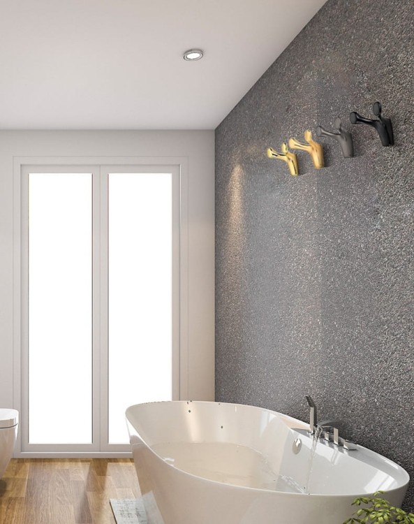 Wandhaken Dos – Design-Doppelhaken für Flur, Bad, Büro und Hotels. Aus robustem Metall, kratzfest. Farben: Gold, gebürstetes Gold, Schwarz und Perlgrau.