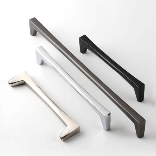 Möbelgriff Mela – moderner, klassischer und minimalistischer Griff in Schwarz, gebürstetem Gold, gebürstetem Nickel und Perlgrau. Größen 128–256 mm, ideal für Küchen- und Badmöbel, Garderoben und Kommoden.